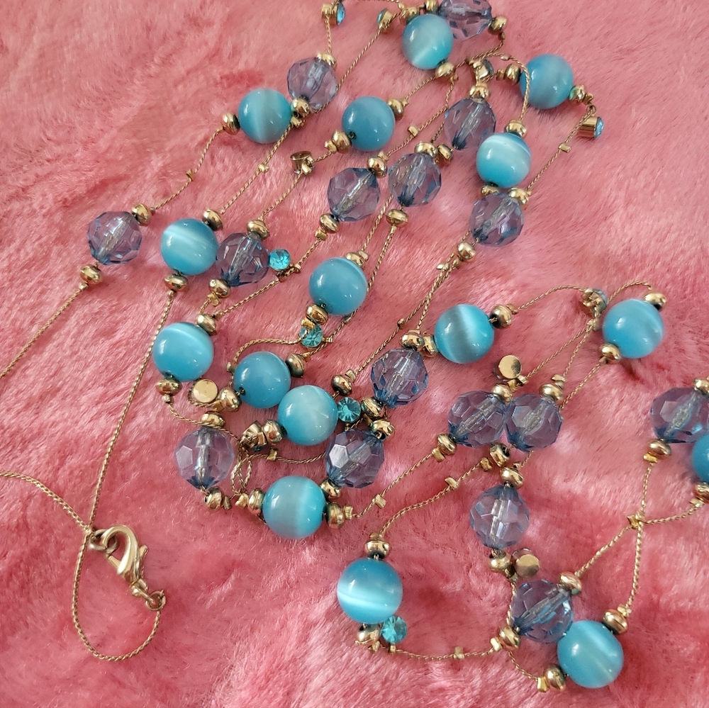 Long Blue Catseye Illusion Necklace - Vintage, Estate, 60", Versatile Styling - Picture 8 of 11